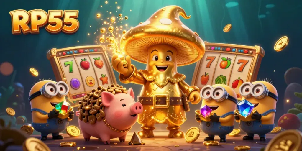 RP55 reveals gold treasures with the mushroom wizard and his magical companions in a vibrant casino theme.