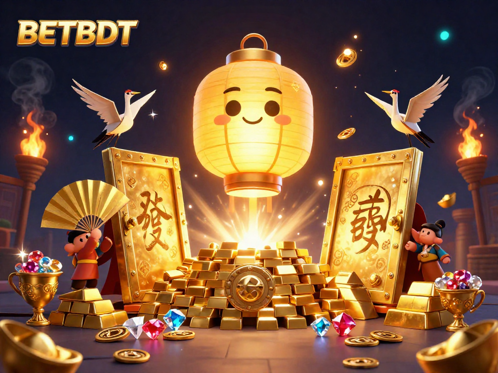 BETBDT showcases a vibrant 3D scene with a golden lantern spirit and casino riches.