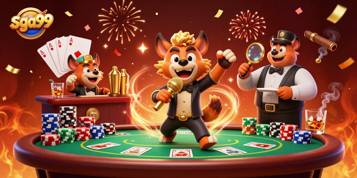 Sga99 hyenas in a vibrant casino comedy club, engaging in poker games and mixing drinks.