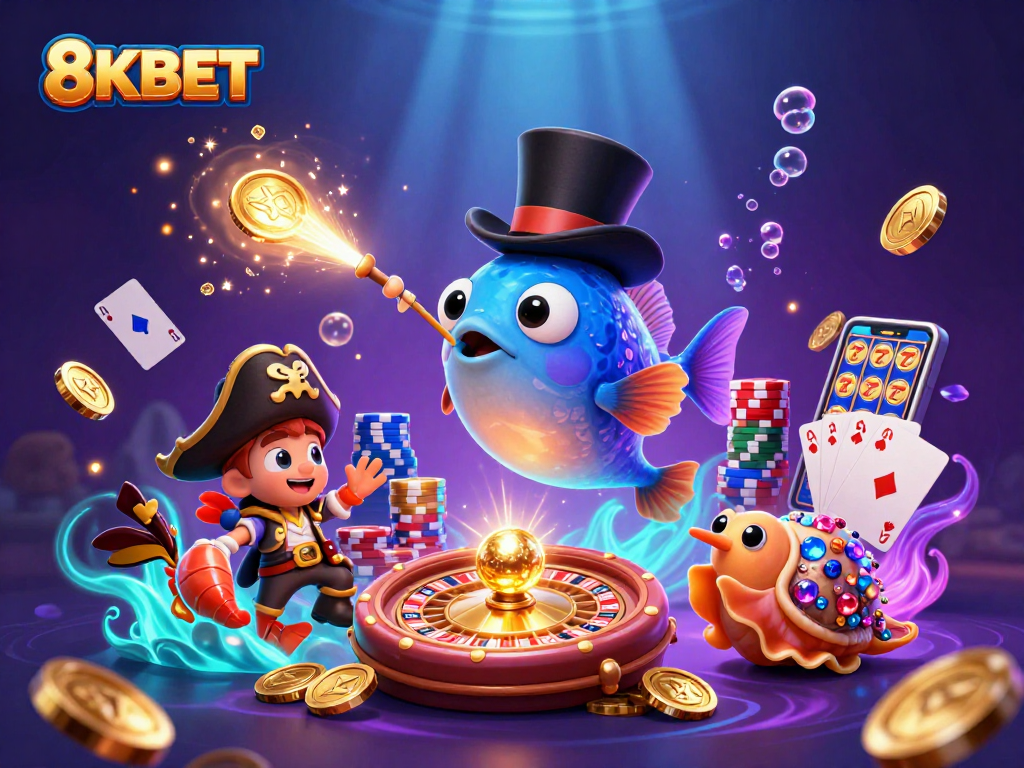 Engage with 8KBET's vibrant casino scene featuring animated characters and sparkling treasures.