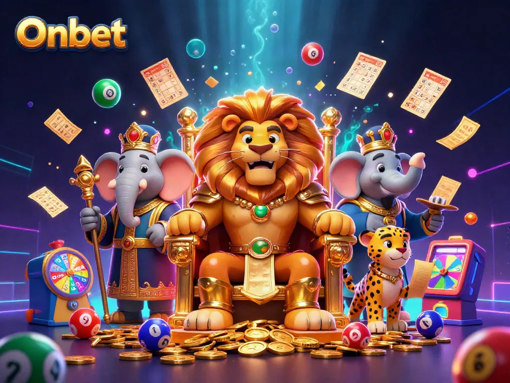 Experience thrilling gameplay with Onbet's dynamic casino scene featuring a regal lion king and dynamic lottery elements.
