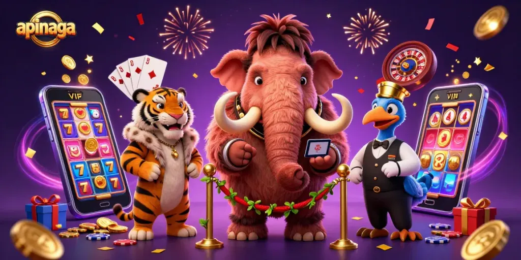 Experience the thrill of gaming with apinaga, where a woolly mammoth and saber-tooth tiger welcome players.