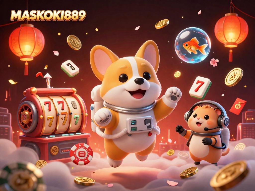 Experience the thrill of MASKOKI889 with a vibrant 3D casino scene featuring a floating corgi, gambling elements, and dynamic action.