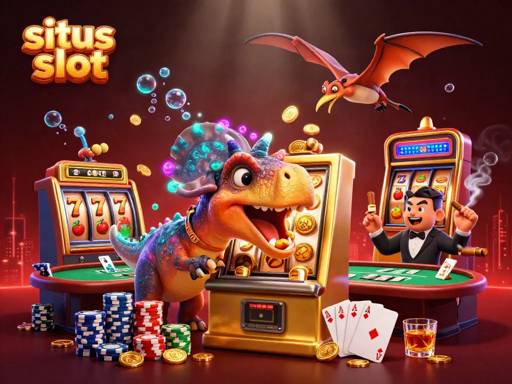 Gambaran 3D situs slot dengan dinosaurus yang menyeruduk mesin slot untuk memenangkan koin jackpot.