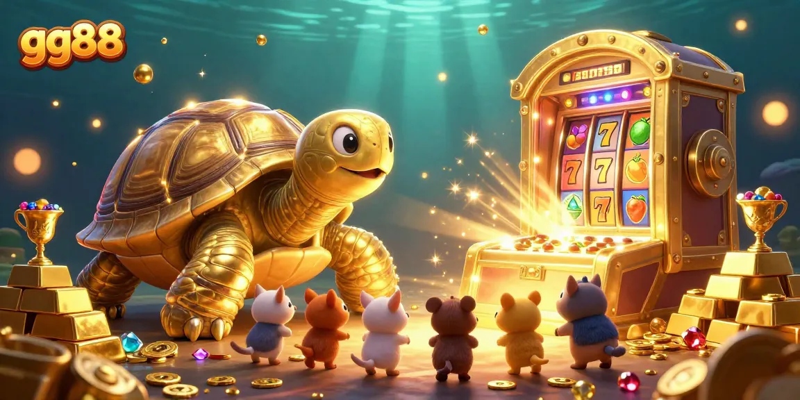 Engage with lucky slot games at gg88, featuring a golden tortoise pinball machine amidst rich treasures.