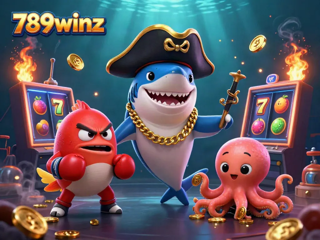 Engage in the vibrant world of 789winz with a pirate-themed 3D illustration featuring dynamic casino elements.
