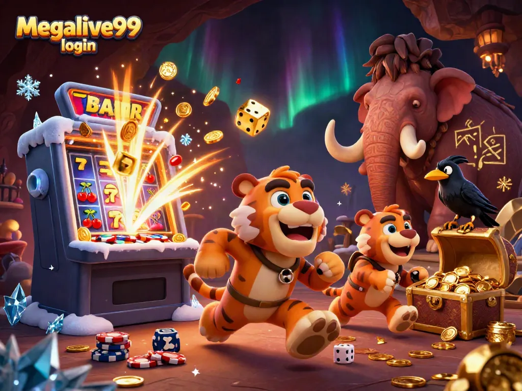 Memperkenalkan Megalive99 login dengan karakter kasino prasejarah menarik dan mesin slot mewah.