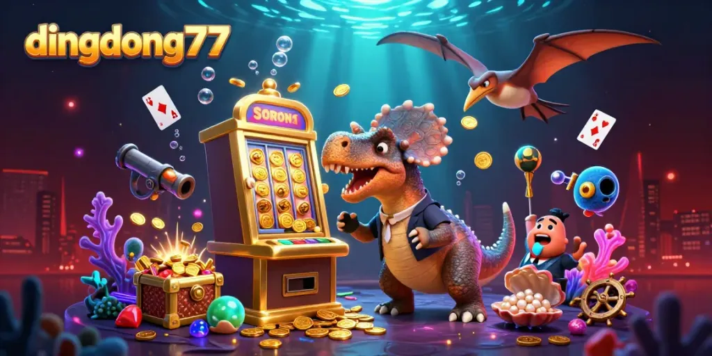 Experience dingdong77's thrilling slots with an animated scene of a pachycephalosaurus at the jackpot!