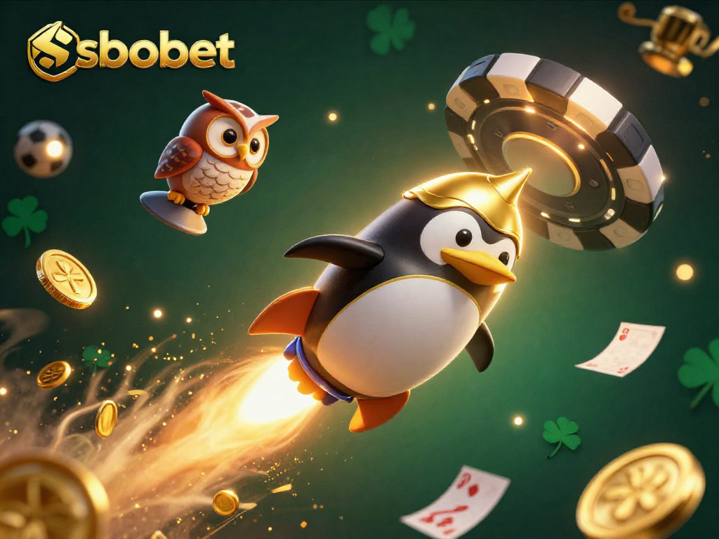 SBOBET sports betting illustrated with a golden penguin and casino-themed space elements, emphasizing dynamic wagering.