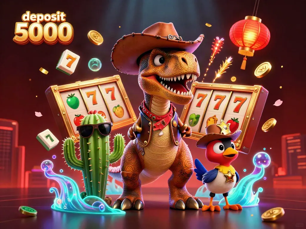 Experience the thrill of deposit 5000 slots with a 3D dinosaur and vibrant gaming elements.