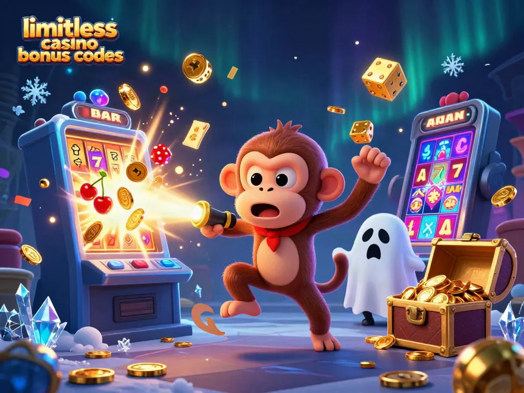 Engage with limitless casino bonus codes as a mischievous monkey juggles golden gaming treasures in a thrilling casino scene.