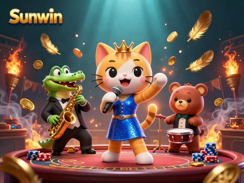 Experience thrilling actions like winning big at Sunwin's vibrant casino with entertaining characters.
