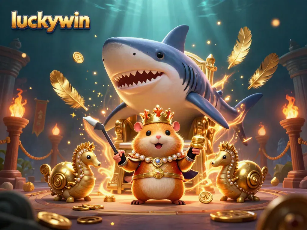 Experience winning excitement at luckywin with a fierce golden hamster king amidst vibrant casino elements.