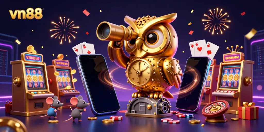 Experience the vibrant world of vn88 casino with a cartoon golden owl and slot games bursting with excitement.