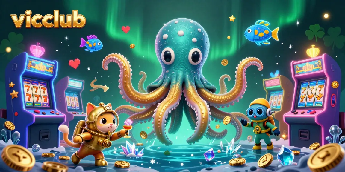 Vicclub captures excitement with a kraken, diving cat, casino games, and glittering treasures.