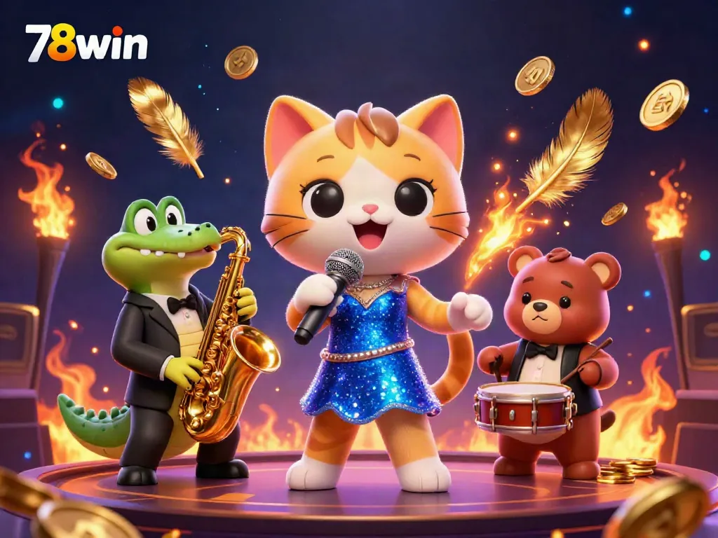 Experience winning fun at 78win with a lively casino scene featuring a singing cat and musical friends.