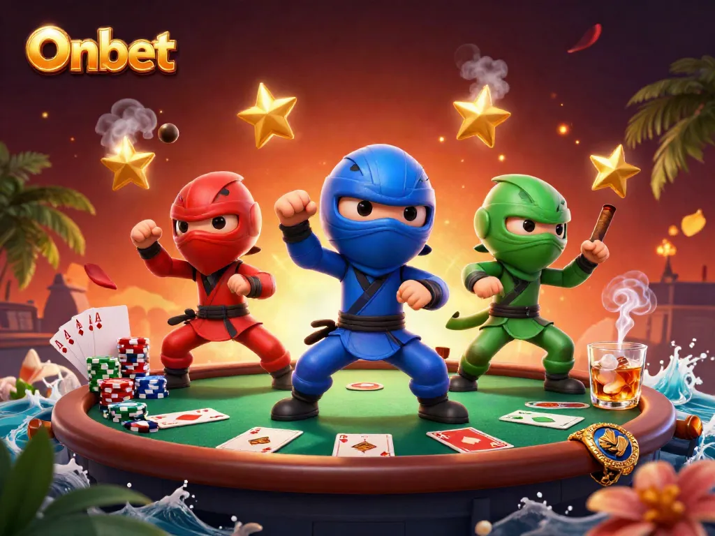 Onbet showcases three ninja chameleons performing martial arts on a vibrant casino rooftop.