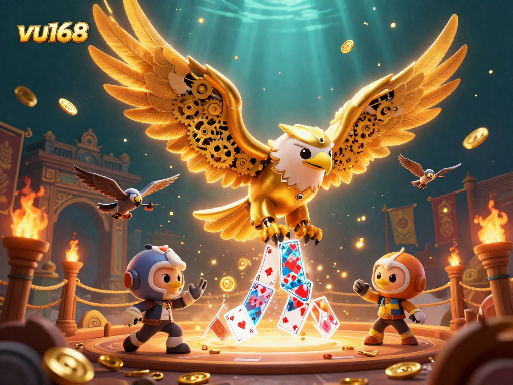 Experience thrilling gameplay with the vu168 cybernetic eagle soaring through a dynamic casino scene.