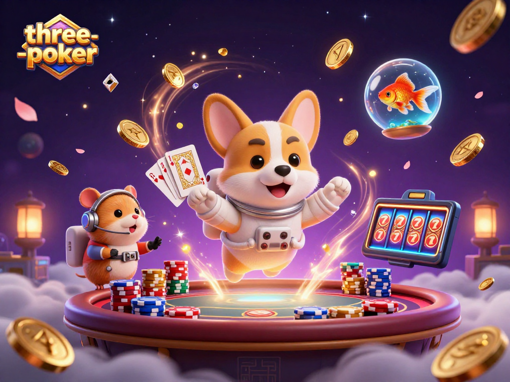 Engage in three-card-poker with lively 3D characters inside a space-themed casino, emphasizing fun.