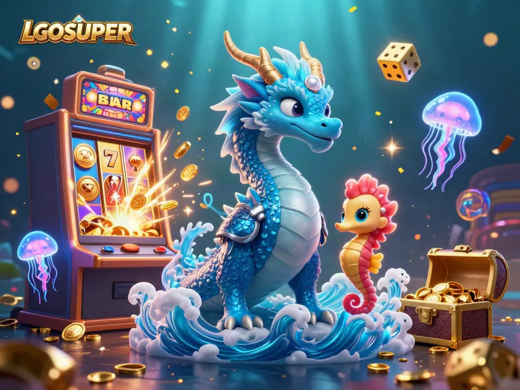 Experience the thrilling action of LGOSUPER with a dynamic underwater casino scene featuring vibrant characters and games.