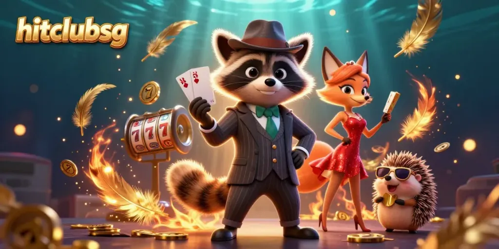 Experience excitement at hitclubsg with a suave raccoon and glamorous companions in a rich, dynamic casino setting.