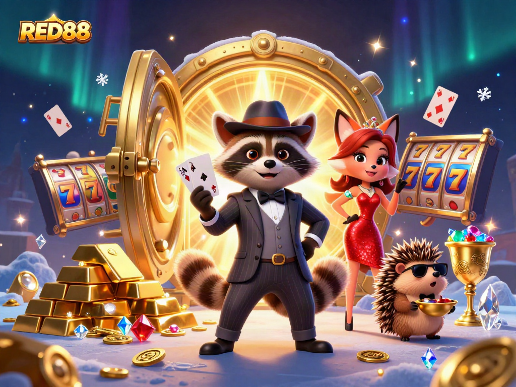 Experience the thrill at RED88 Casino with a suave raccoon, a fox lady, and a hedgehog bouncer amidst dazzling treasures.