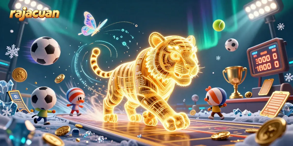 Bet on rajacuan with a vibrant digital casino scene featuring a golden tiger and dynamic sports elements.