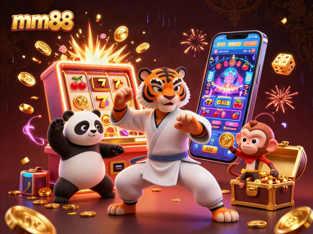 Experience thrilling wins with mm88 in this vibrant casino-themed illustration featuring dynamic characters.