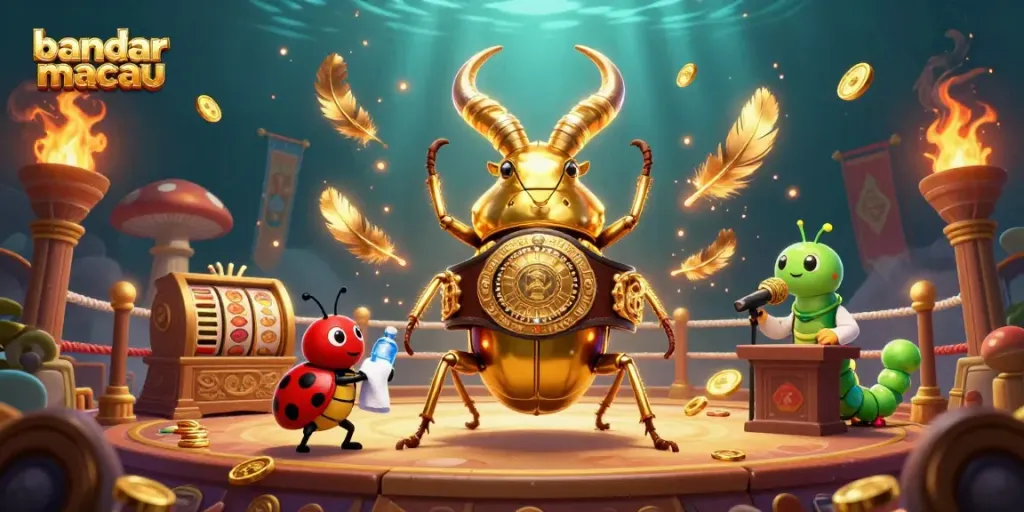 Menghadapi tantangan di bandar macau, karakter lucu bertarung di arena slot dengan suasana dramatis.