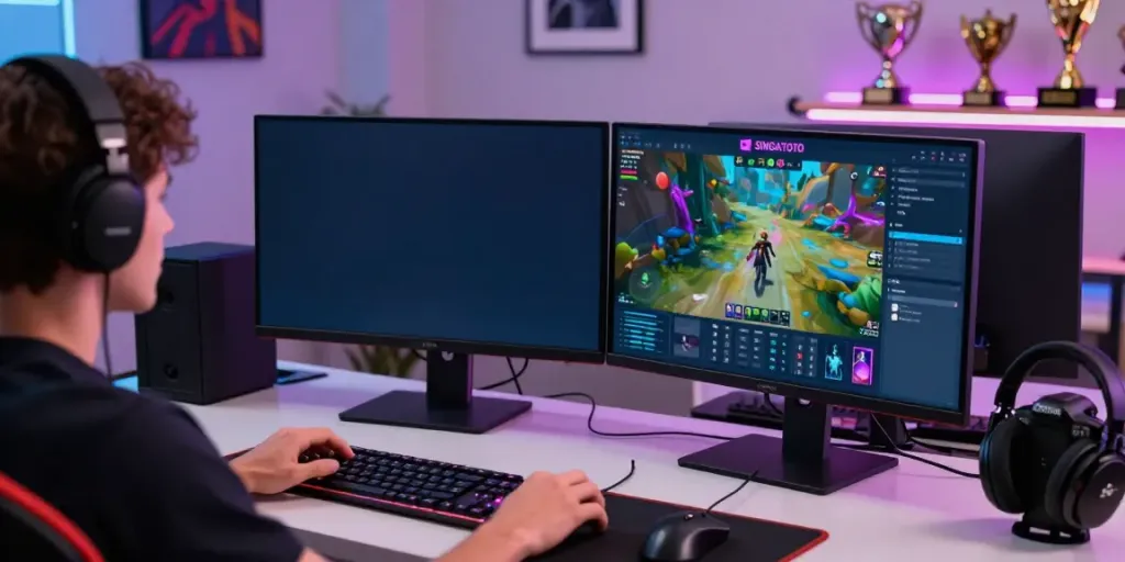 Engaging online gaming setup with Singatoto platform, vibrant visuals, and player focus.