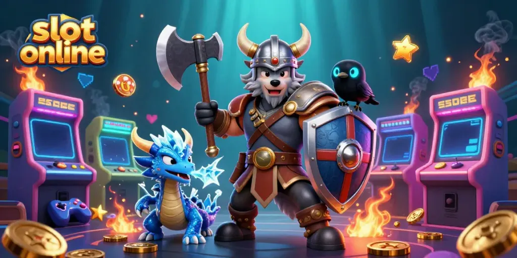 Mainkan slot online dengan karakter Viking, naga, dan burung gagak dalam ilustrasi 3D yang kaya.