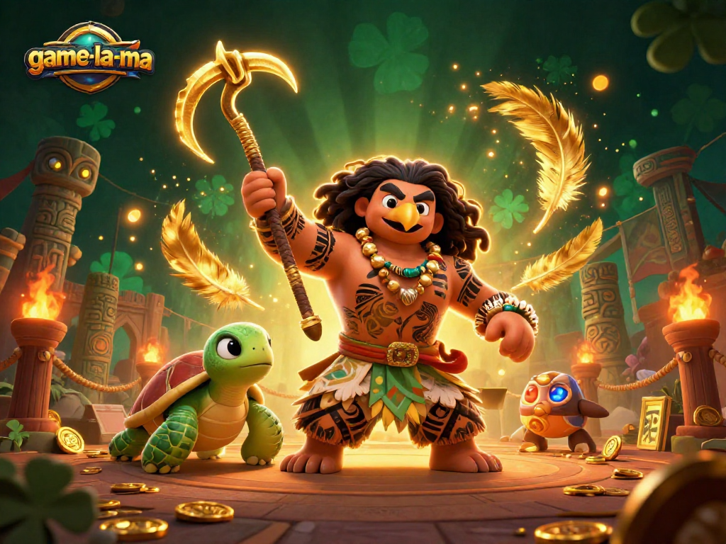 Experience game-la-ma with a cartoon demigod hawk and vibrant casino elements in an action-packed scene.