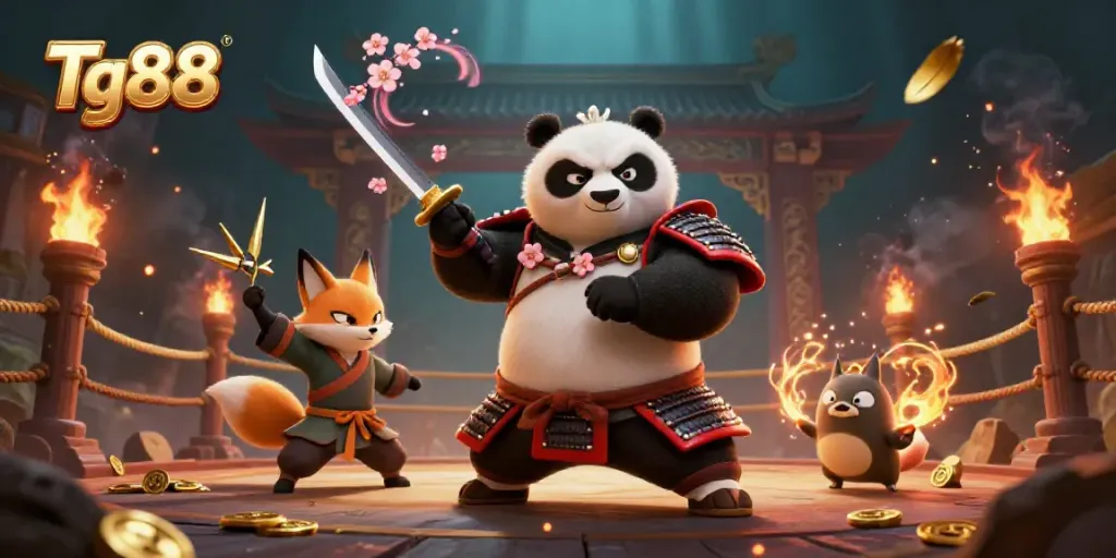 Engage with thrilling gaming action in Tg88, featuring a samurai panda and fiery elements.