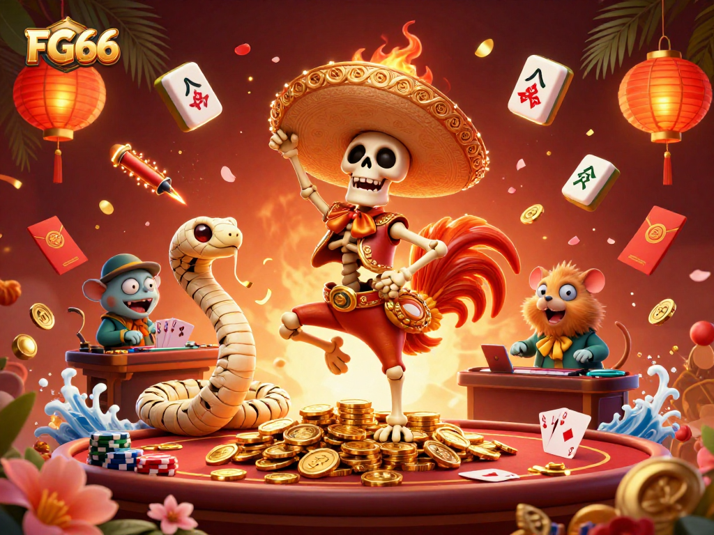 Spinning poker elements and vibrant characters showcasing FG66's dynamic casino experience.