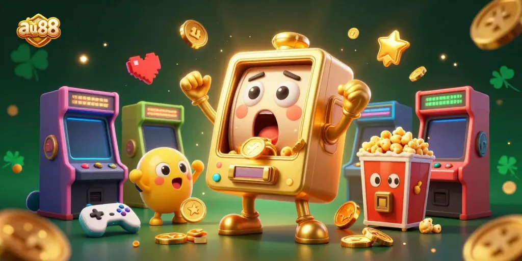 Engaging 3D cartoon illustration of au88's golden slot machine celebrating a jackpot amidst a festive casino setting.