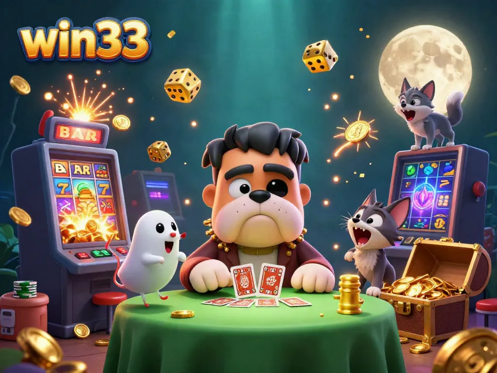 Win33 gamers enjoy thrilling excitement with 3D cartoon monster dealers amidst casino chaos.