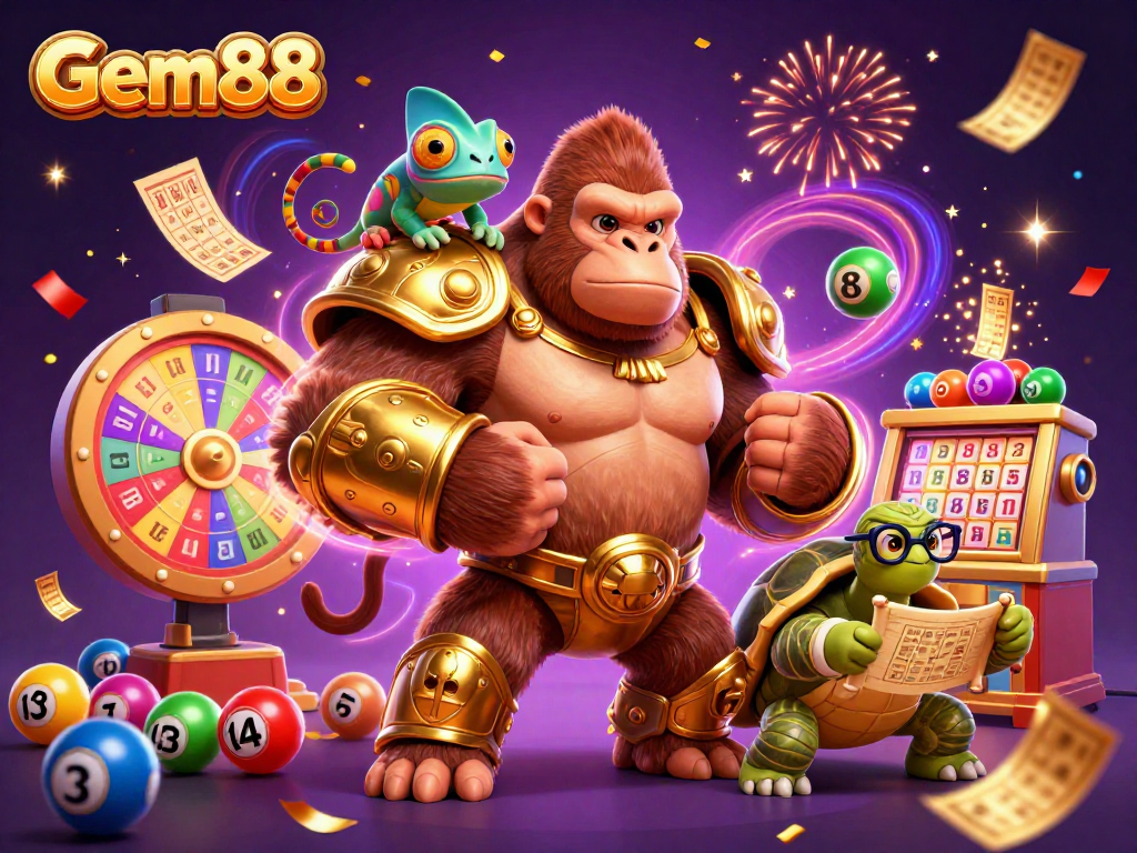 Engage with Gem88 as a powerful gorilla king leads exciting lottery action and vibrant game elements.