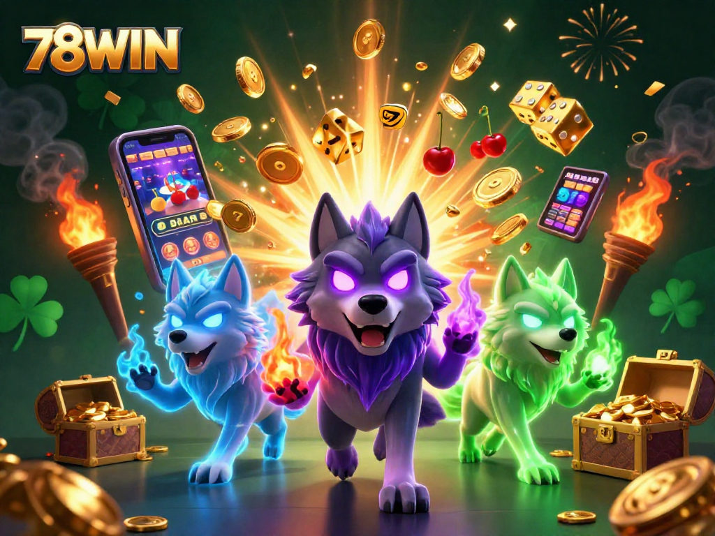 Experience thrilling gaming at 78WIN with colorful slot machines and captivating ghostly wolves.
