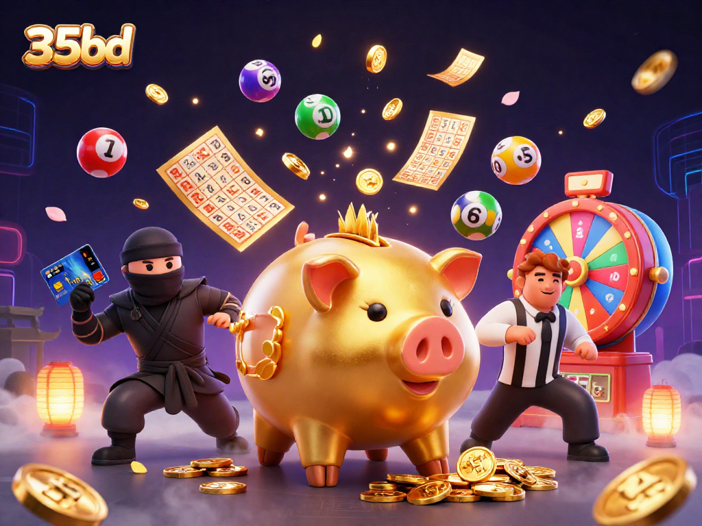 Experience thrilling gameplay with 35bd, featuring a golden piggy bank sumo wrestler amidst vibrant casino elements.