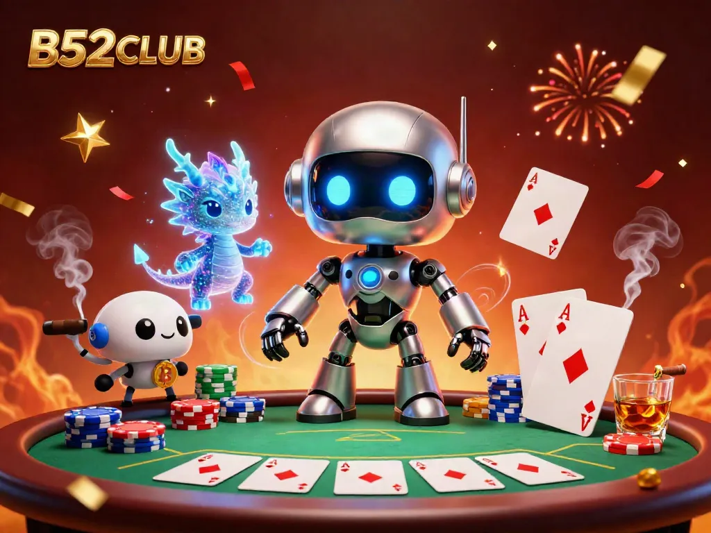 Engage with B52CLUB's vibrant poker scene featuring a cyberpunk robot, dragon companion, and bitcoin drone.