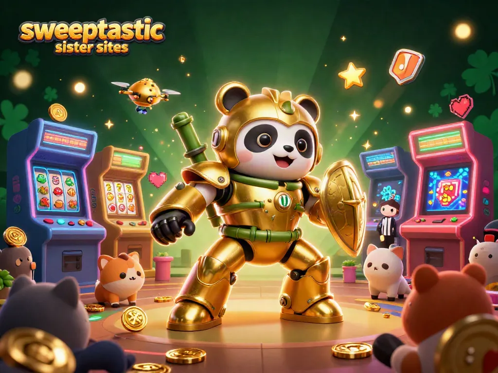 Experience the excitement of sweeptastic sister sites in a vibrant casino-themed illustration with characters and gaming elements.
