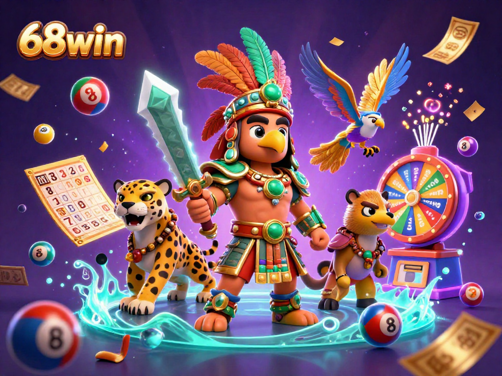 Experience thrilling lottery action with 68win as colorful balls and prizes surround Aztec warriors.