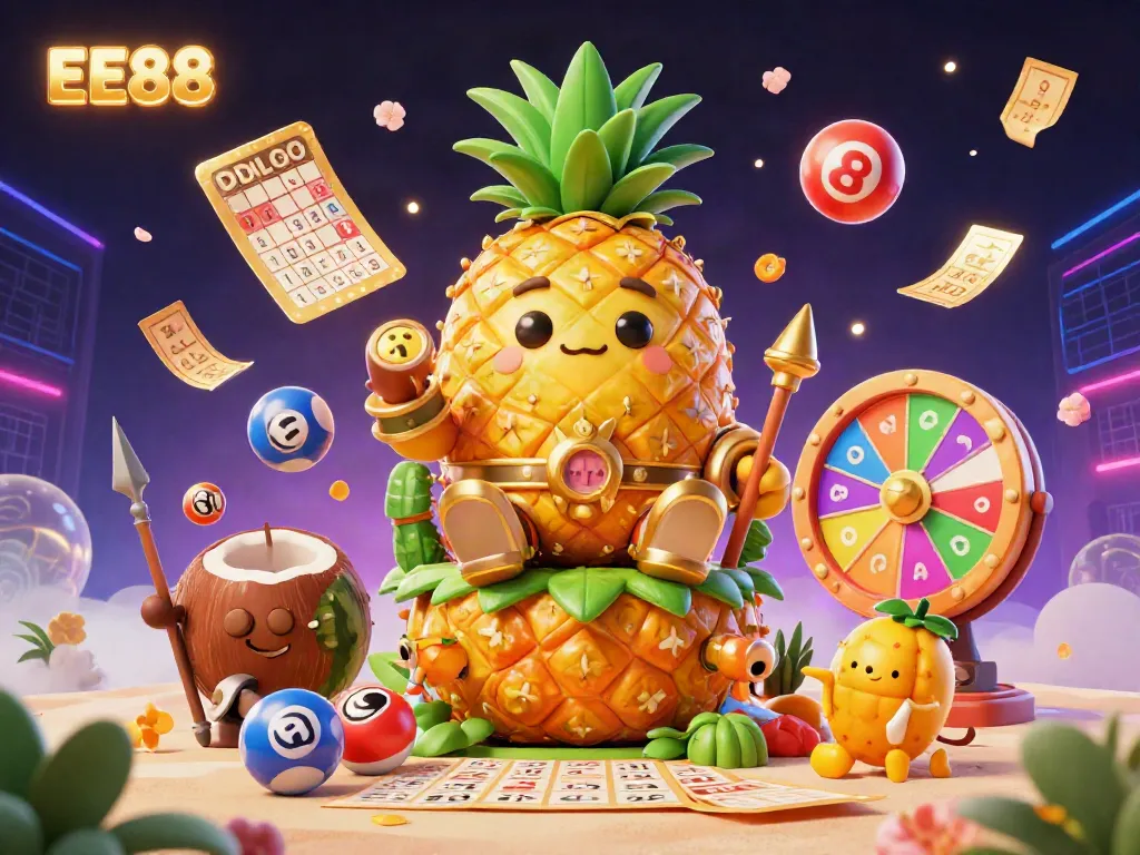 Experience the excitement of EE88 with vibrant lottery elements and a playful royal theme in this rich casino illustration.