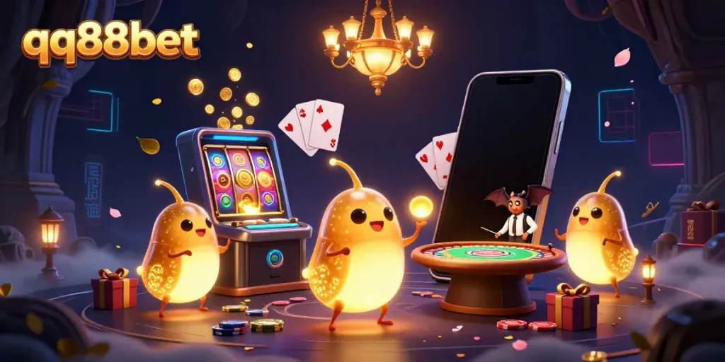 Experience the thrill of qq88bet with vibrant glowworms lighting up a dynamic cave casino scene, showcasing exciting games.