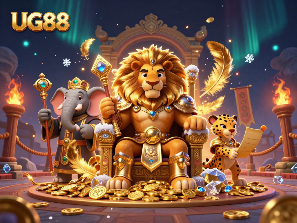 Experience thrilling betting adventures at UG88 with our fierce lion king and advisors in a vibrant casino scene