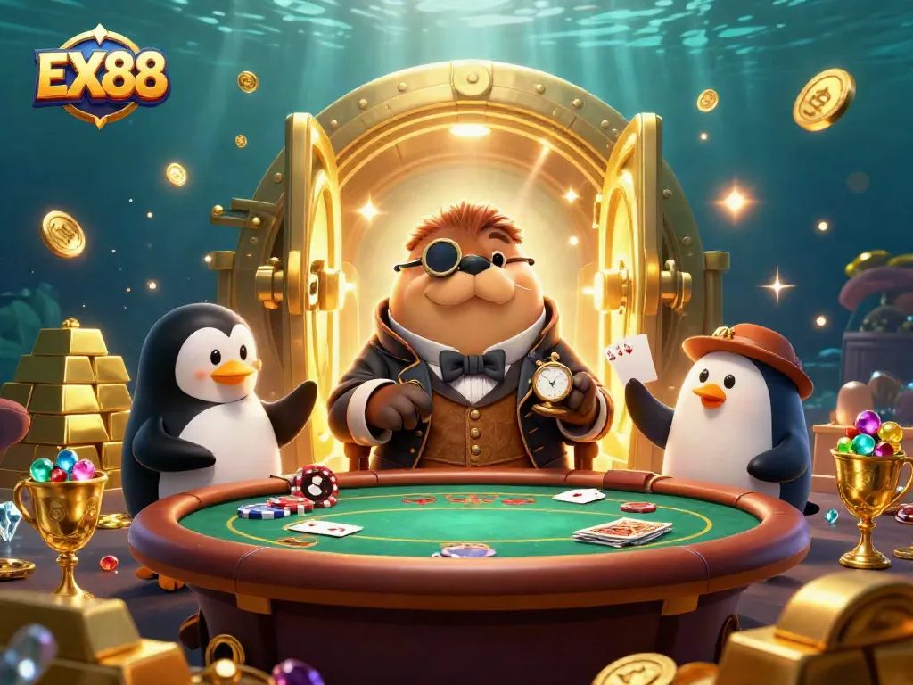 EX88 offers exciting poker visuals with a jolly walrus, dealer penguin, and bluffing pufferfish underwater.