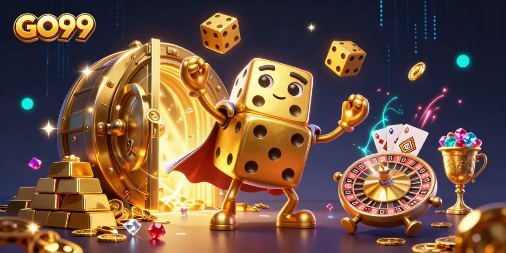 Engage in exciting gaming at GO99 with a dazzling 3D casino illustration featuring golden dice and treasures.