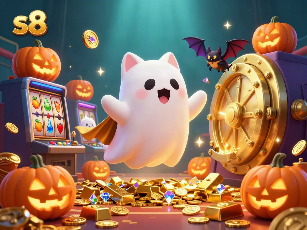 S8 ghost cat explores a lively casino, surrounded by glowing jackpots and treasures.