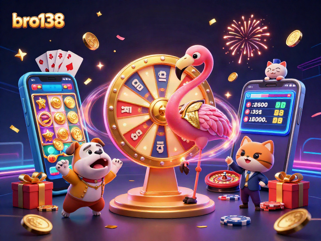 Experience thrilling wins at bro138 with an exciting game show scene featuring vibrant casino elements.