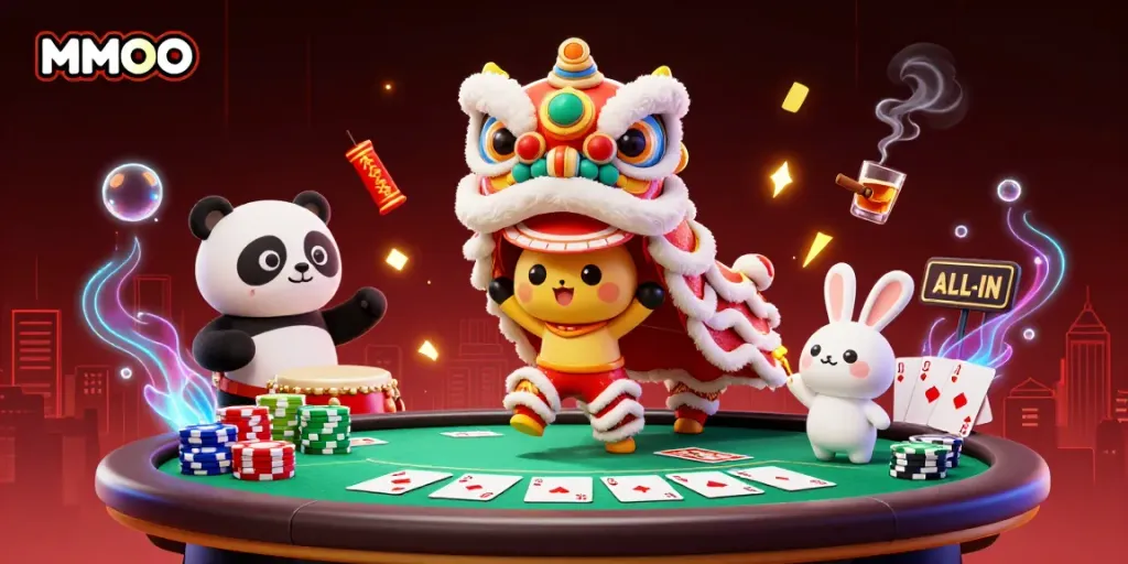 Experience the thrill of MMOO gaming with a vibrant lion dance scene surrounded by poker elements.